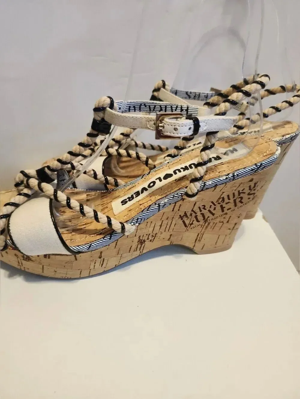 NEW Rare Y2K Harajuku Lovers Rope Strap Cork Platform Sandals Heels Sz. 7.5